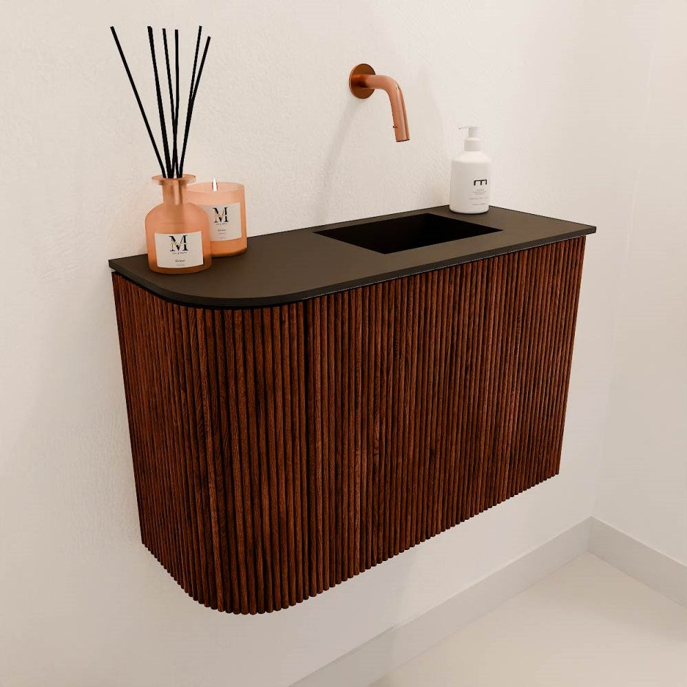 JOYA 61,6cm toiletmeubel ronding links kleur Ruby. Wastafel FAYE positie Rechts Zonder kraangat kleur Urban.