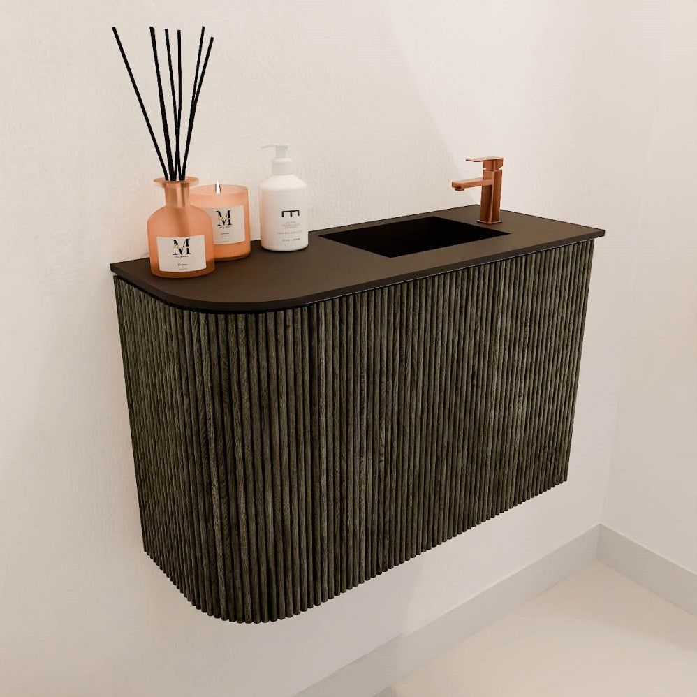 JOYA 61,6cm toiletmeubel ronding links kleur Shadow. Wastafel FAYE positie Rechts 1 kraangat kleur Urban.