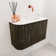 JOYA 61,6cm toiletmeubel ronding links kleur Shadow. Wastafel FAYE positie Rechts Zonder kraangat kleur Talc.