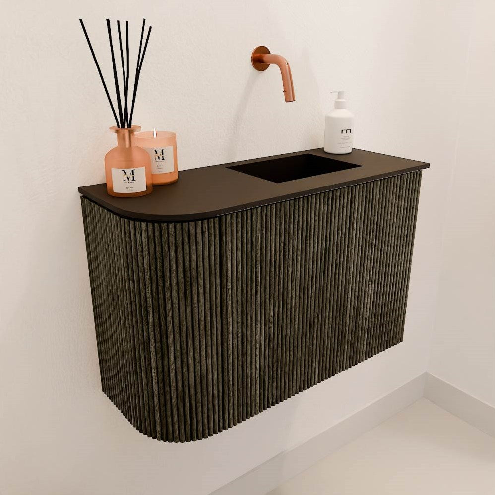 JOYA 61,6cm toiletmeubel ronding links kleur Shadow. Wastafel FAYE positie Rechts Zonder kraangat kleur Urban.