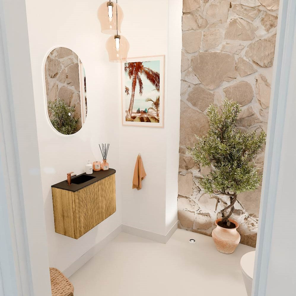 JOYA 61,6cm toiletmeubel ronding rechts kleur Oak. Wastafel FAYE positie Links 1 kraangat kleur Urban.