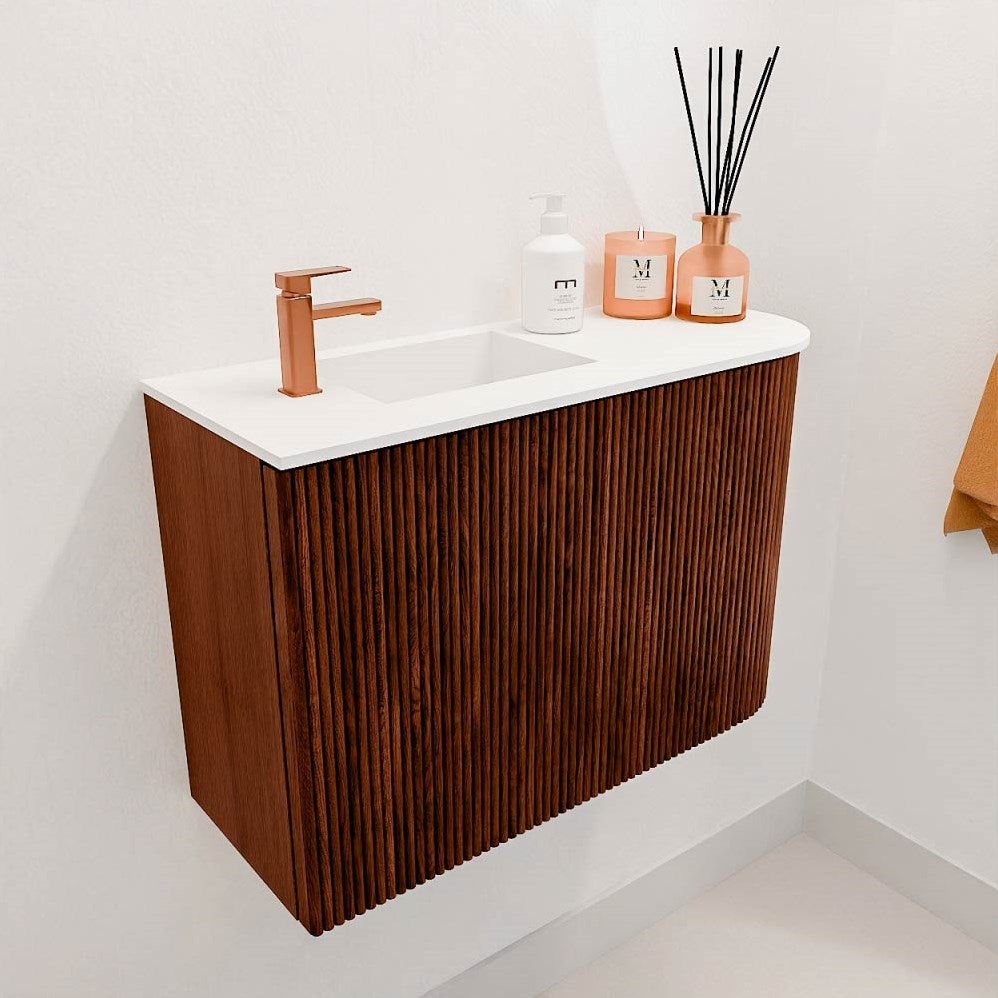JOYA 61,6cm toiletmeubel ronding rechts kleur Ruby. Wastafel FAYE positie Links 1 kraangat kleur Talc.