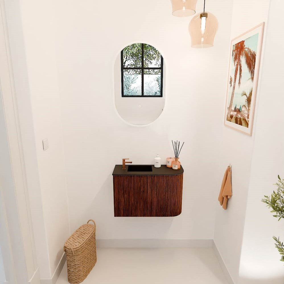 JOYA 61,6cm toiletmeubel ronding rechts kleur Ruby. Wastafel FAYE positie Links 1 kraangat kleur Urban.