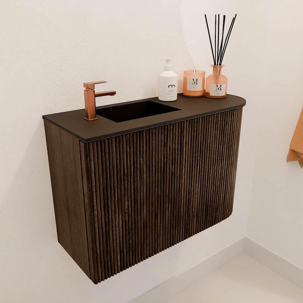JOYA 61,6cm toiletmeubel ronding rechts kleur Walnut. Wastafel FAYE positie Links 1 kraangat kleur Urban.
