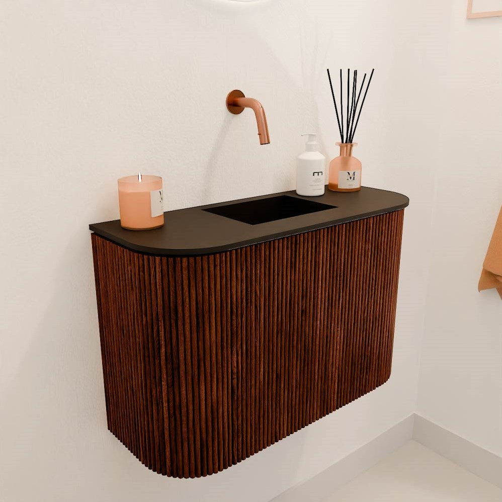 JOYA 63,2cm toiletmeubel ronding links + rechts kleur Ruby. Wastafel FAYE positie Midden Zonder kraangat kleur Urban.