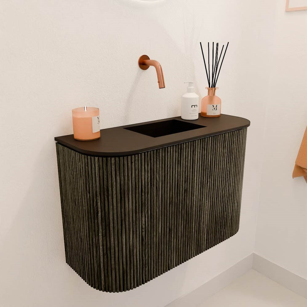 JOYA 63,2cm toiletmeubel ronding links + rechts kleur Shadow. Wastafel FAYE positie Midden Zonder kraangat kleur Urban.