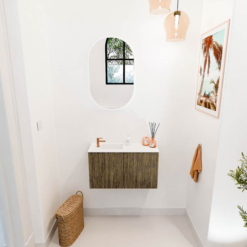 JOYA 70cm toiletmeubel kleur Dusk. Wastafel FAYE positie Links 1 kraangat kleur Talc.