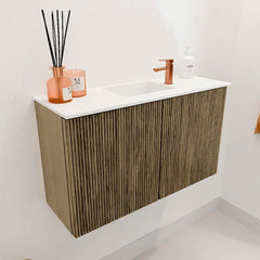 JOYA 70cm toiletmeubel kleur Dusk. Wastafel FAYE positie Midden 1 kraangat kleur Talc.