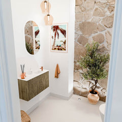 JOYA 70cm toiletmeubel kleur Dusk. Wastafel FAYE positie Rechts 1 kraangat kleur Talc.