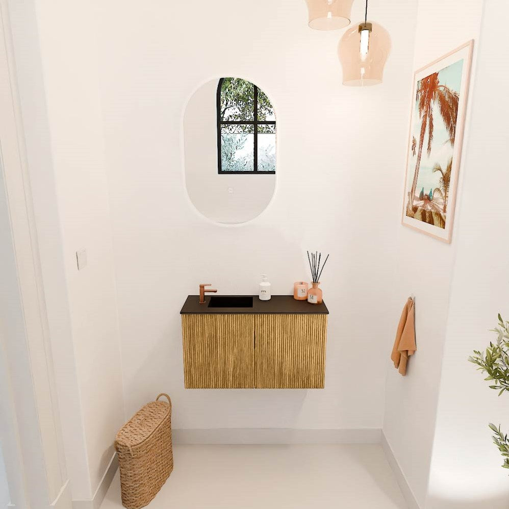 JOYA 70cm toiletmeubel kleur Oak. Wastafel FAYE positie Links 1 kraangat kleur Urban.
