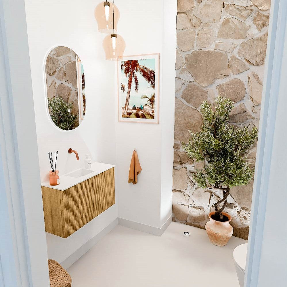 JOYA 70cm toiletmeubel kleur Oak. Wastafel FAYE positie Midden Zonder kraangat kleur Talc.