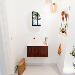JOYA 70cm toiletmeubel kleur Ruby. Wastafel FAYE positie Links Zonder kraangat kleur Talc.