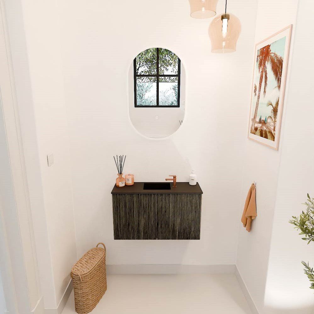 JOYA 70cm toiletmeubel kleur Shadow. Wastafel FAYE positie Midden 1 kraangat kleur Urban.