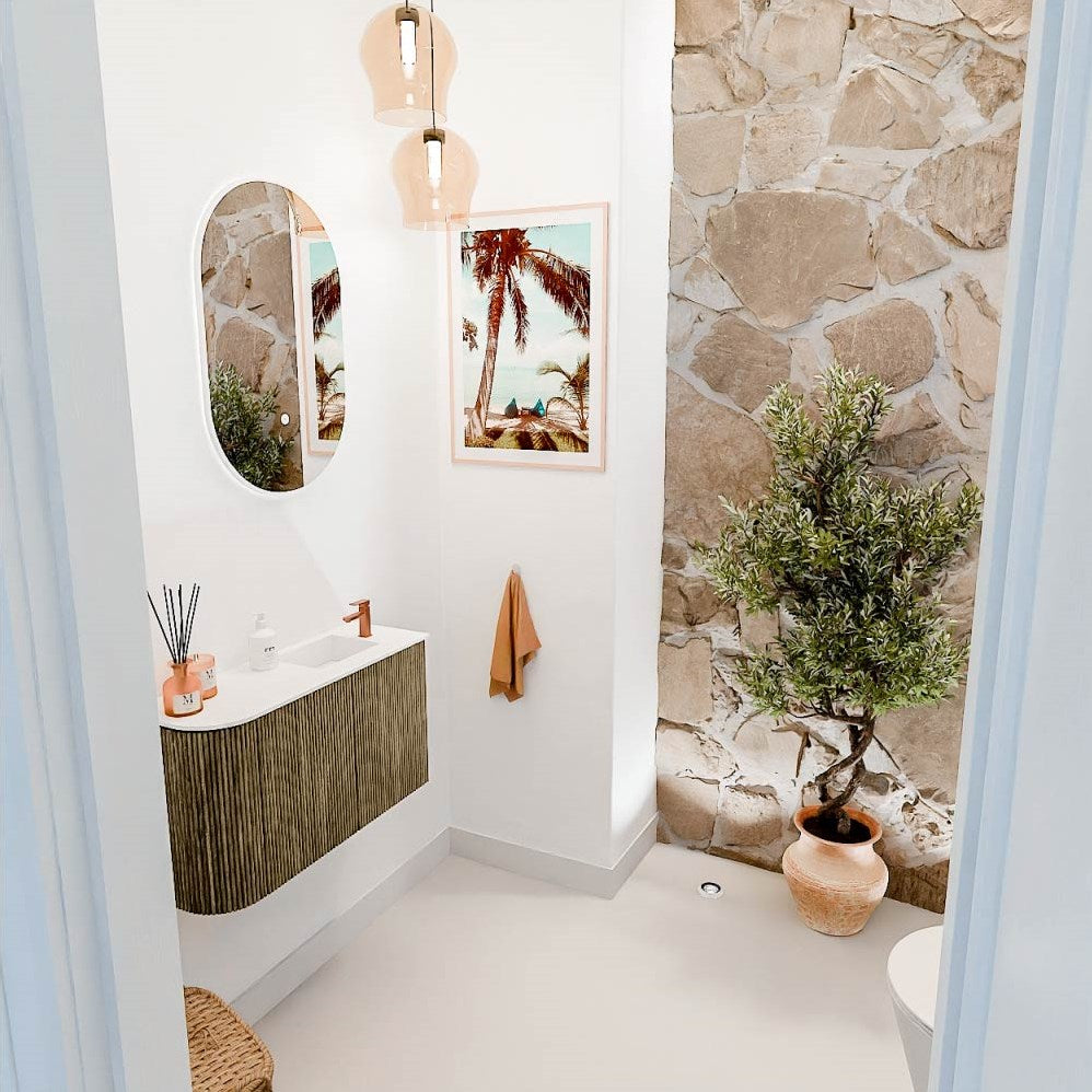 JOYA 71,6cm toiletmeubel ronding links kleur Dusk. Wastafel FAYE positie Rechts 1 kraangat kleur Talc.