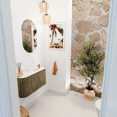 JOYA 71,6cm toiletmeubel ronding links kleur Dusk. Wastafel FAYE positie Rechts 1 kraangat kleur Talc.