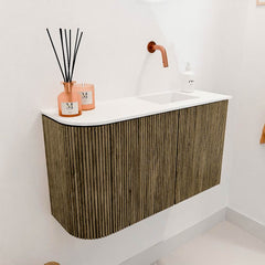 JOYA 71,6cm toiletmeubel ronding links kleur Dusk. Wastafel FAYE positie Rechts Zonder kraangat kleur Talc.