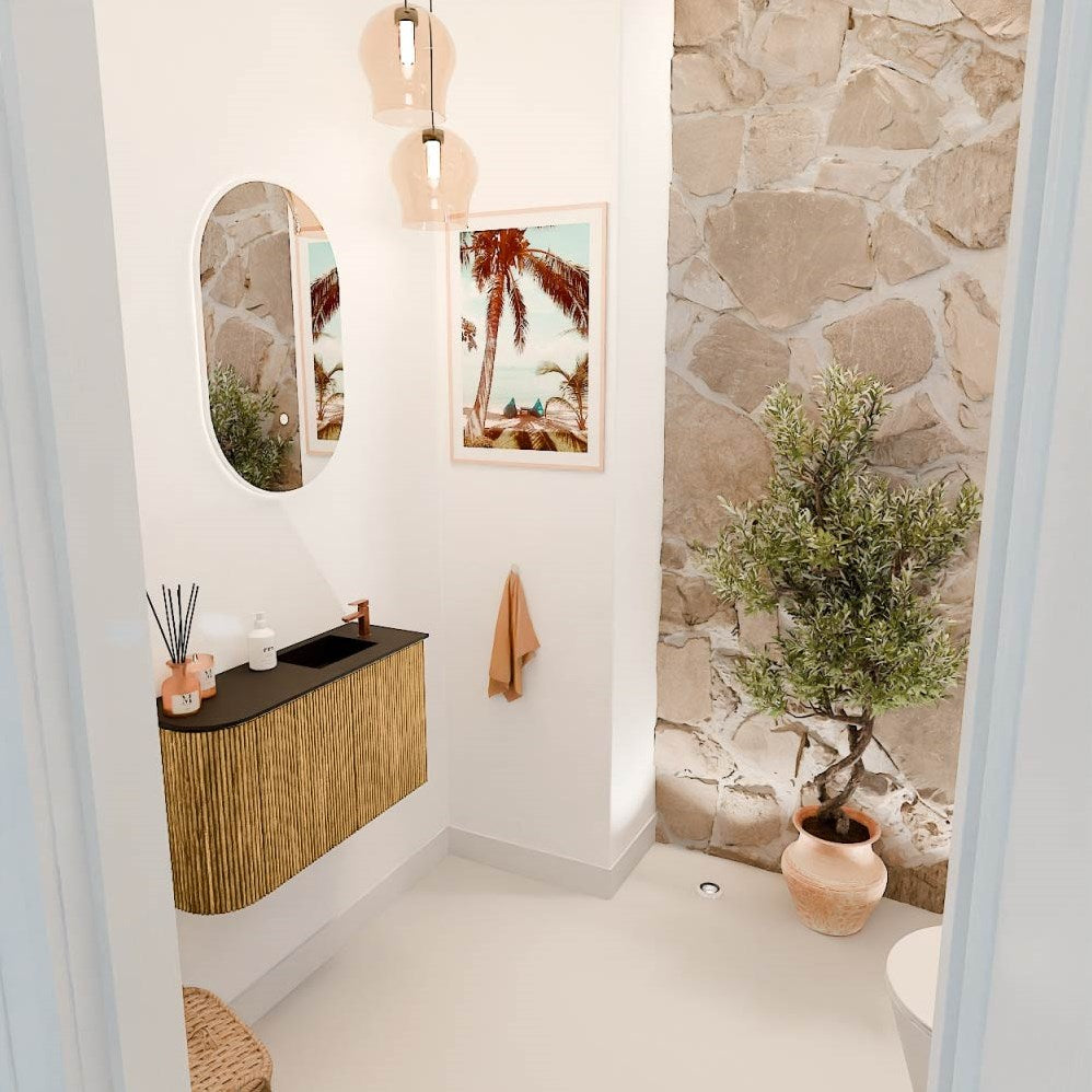 JOYA 71,6cm toiletmeubel ronding links kleur Oak. Wastafel FAYE positie Rechts 1 kraangat kleur Urban.