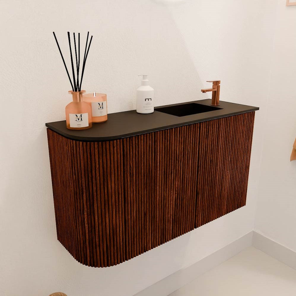 JOYA 71,6cm toiletmeubel ronding links kleur Ruby. Wastafel FAYE positie Rechts 1 kraangat kleur Urban.