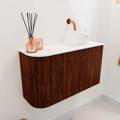 JOYA 71,6cm toiletmeubel ronding links kleur Ruby. Wastafel FAYE positie Rechts Zonder kraangat kleur Talc.
