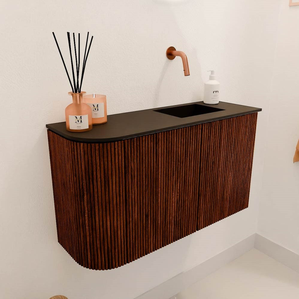 JOYA 71,6cm toiletmeubel ronding links kleur Ruby. Wastafel FAYE positie Rechts Zonder kraangat kleur Urban.