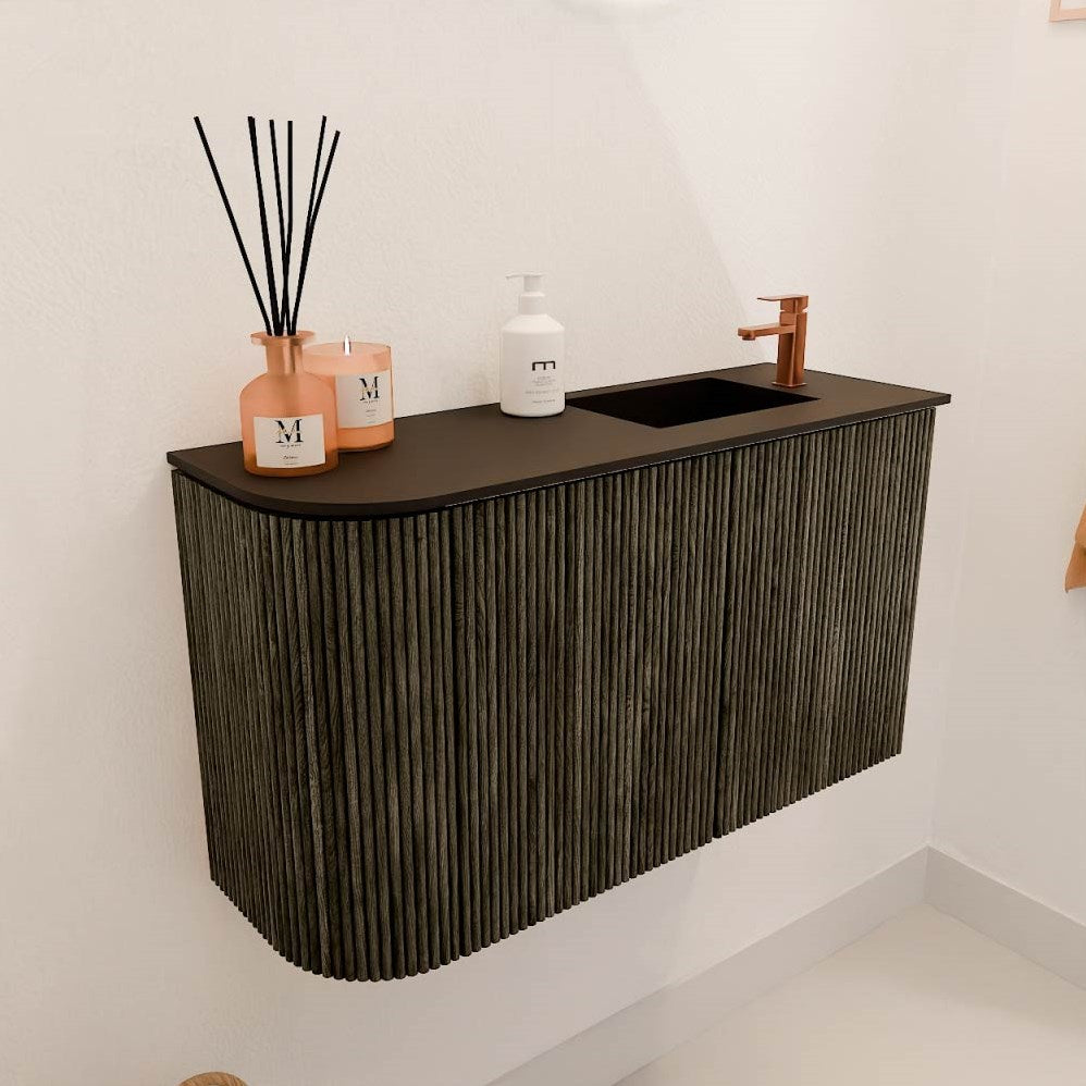 JOYA 71,6cm toiletmeubel ronding links kleur Shadow. Wastafel FAYE positie Rechts 1 kraangat kleur Urban.