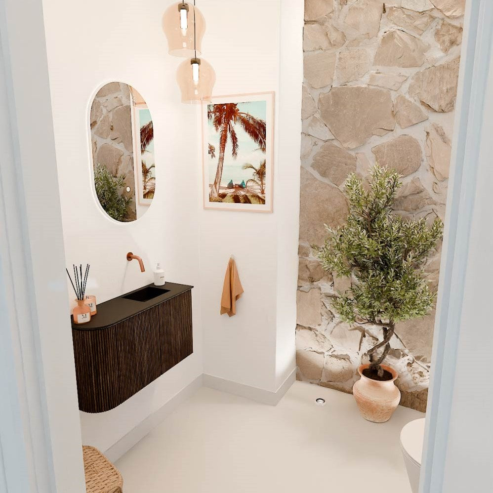 JOYA 71,6cm toiletmeubel ronding links kleur Walnut. Wastafel FAYE positie Rechts Zonder kraangat kleur Urban.