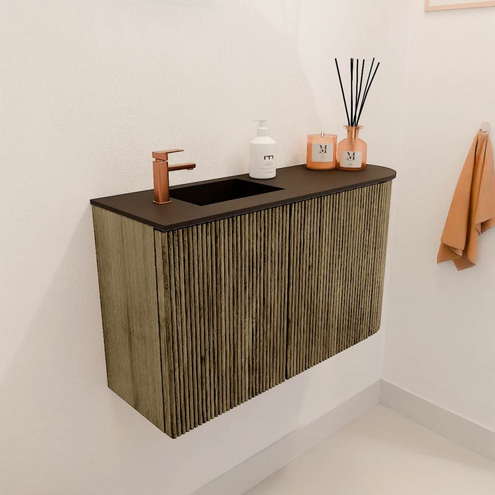 JOYA 71,6cm toiletmeubel ronding rechts kleur Dusk. Wastafel FAYE positie Links 1 kraangat kleur Urban.