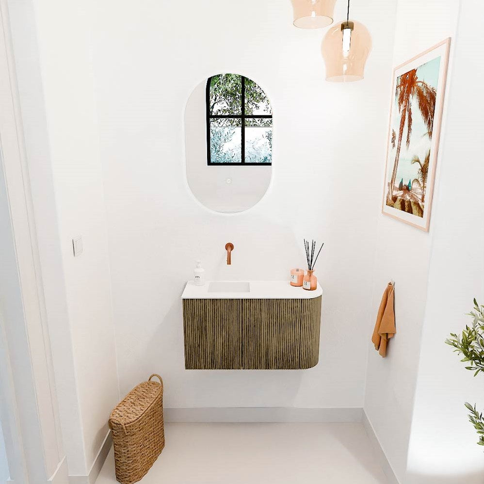 JOYA 71,6cm toiletmeubel ronding rechts kleur Dusk. Wastafel FAYE positie Links Zonder kraangat kleur Talc.