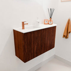 JOYA 71,6cm toiletmeubel ronding rechts kleur Ruby. Wastafel FAYE positie Links 1 kraangat kleur Talc.
