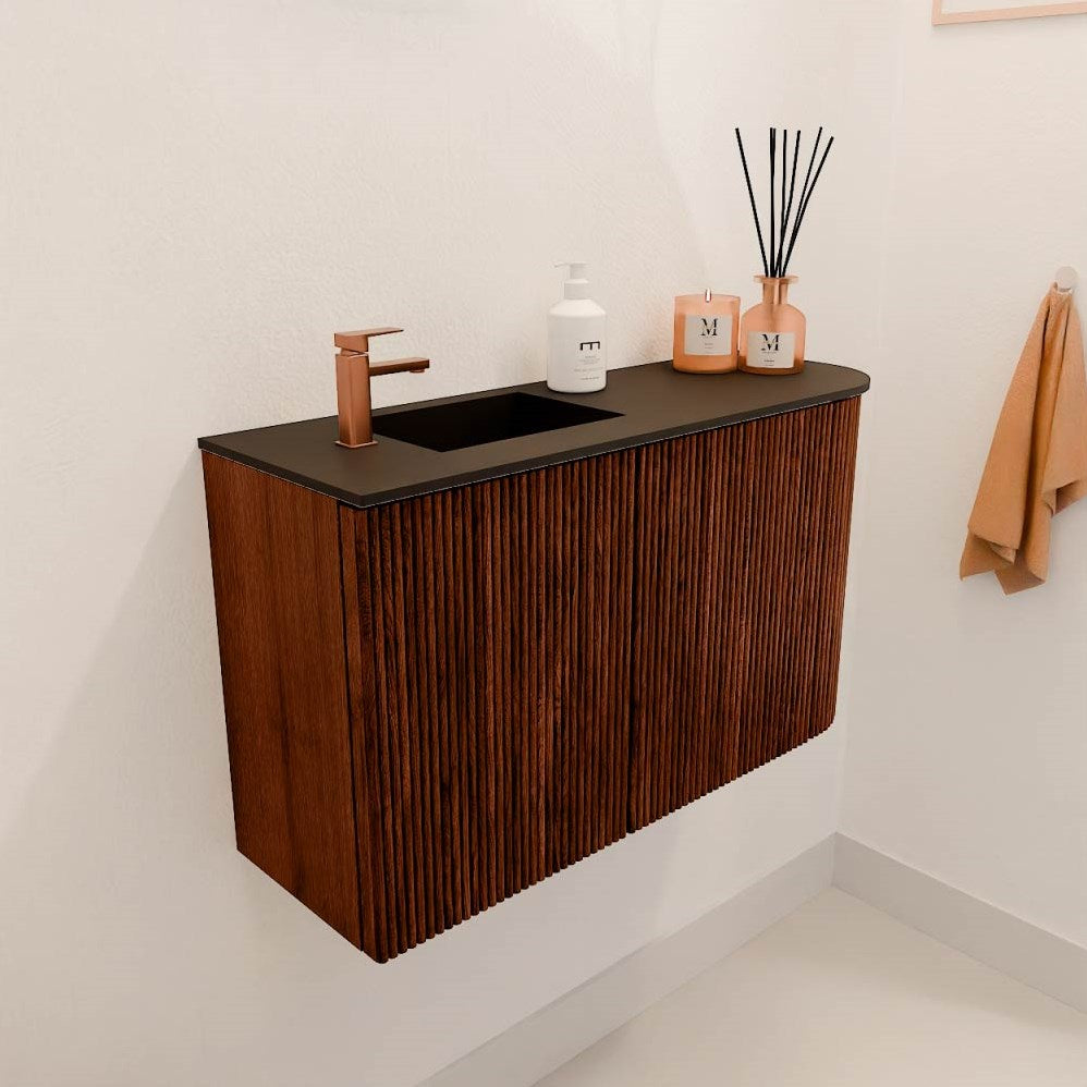 JOYA 71,6cm toiletmeubel ronding rechts kleur Ruby. Wastafel FAYE positie Links 1 kraangat kleur Urban.