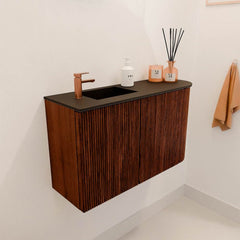 JOYA 71,6cm toiletmeubel ronding rechts kleur Ruby. Wastafel FAYE positie Links 1 kraangat kleur Urban.