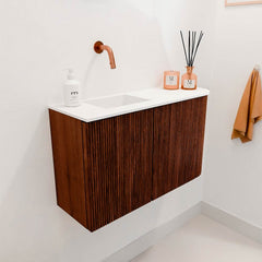 JOYA 71,6cm toiletmeubel ronding rechts kleur Ruby. Wastafel FAYE positie Links Zonder kraangat kleur Talc.