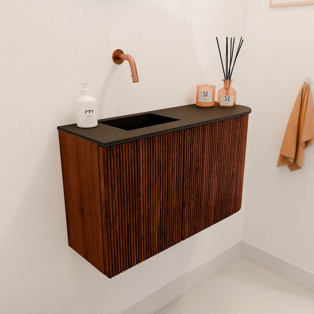 JOYA 71,6cm toiletmeubel ronding rechts kleur Ruby. Wastafel FAYE positie Links Zonder kraangat kleur Urban.