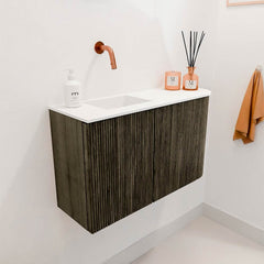 JOYA 71,6cm toiletmeubel ronding rechts kleur Shadow. Wastafel FAYE positie Links Zonder kraangat kleur Talc.