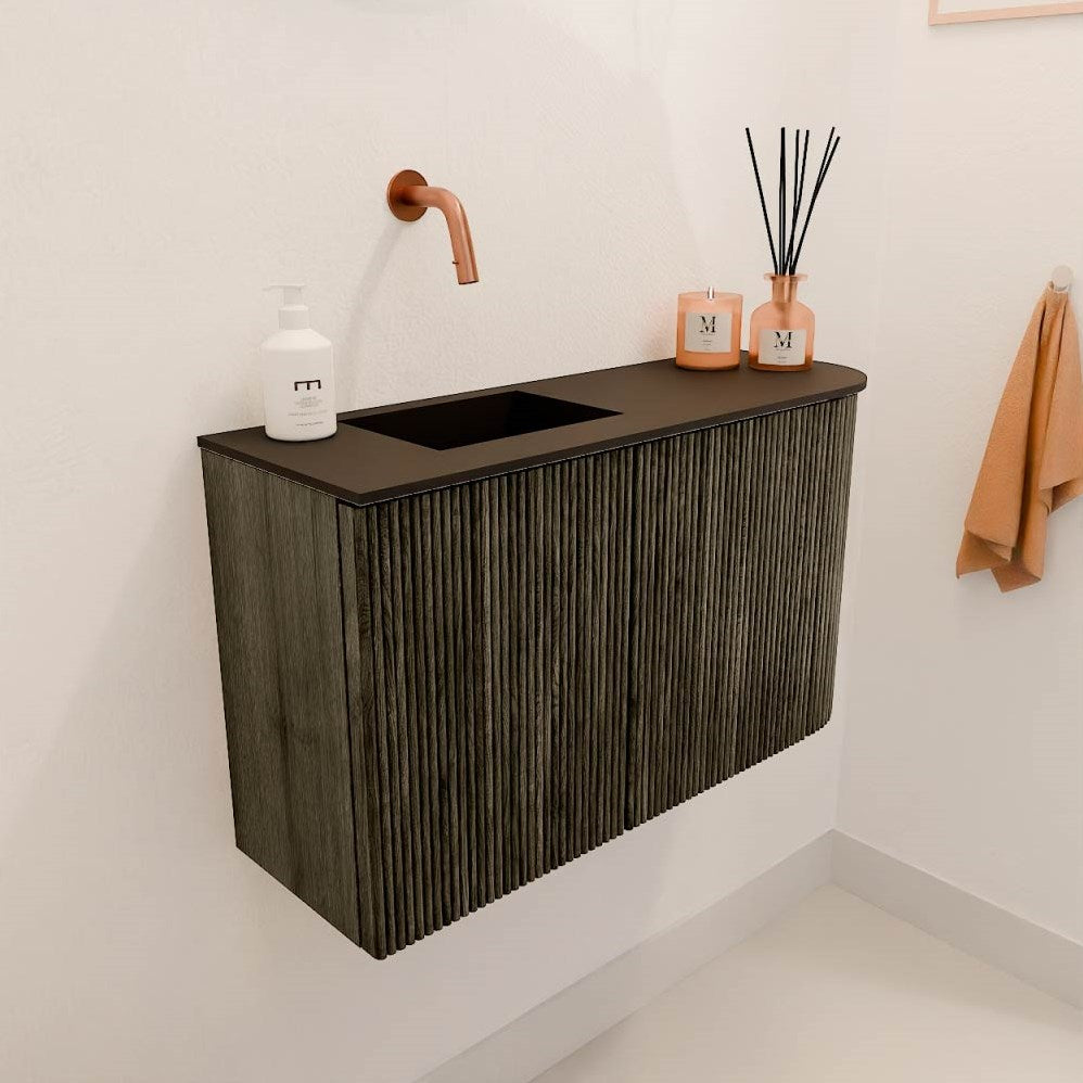 JOYA 71,6cm toiletmeubel ronding rechts kleur Shadow. Wastafel FAYE positie Links Zonder kraangat kleur Urban.