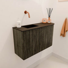JOYA 71,6cm toiletmeubel ronding rechts kleur Shadow. Wastafel FAYE positie Links Zonder kraangat kleur Urban.