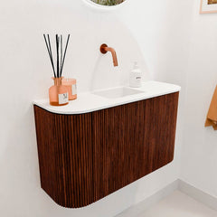 JOYA 73,2cm toiletmeubel ronding links + rechts kleur Ruby. Wastafel FAYE positie Midden Zonder kraangat kleur Talc.
