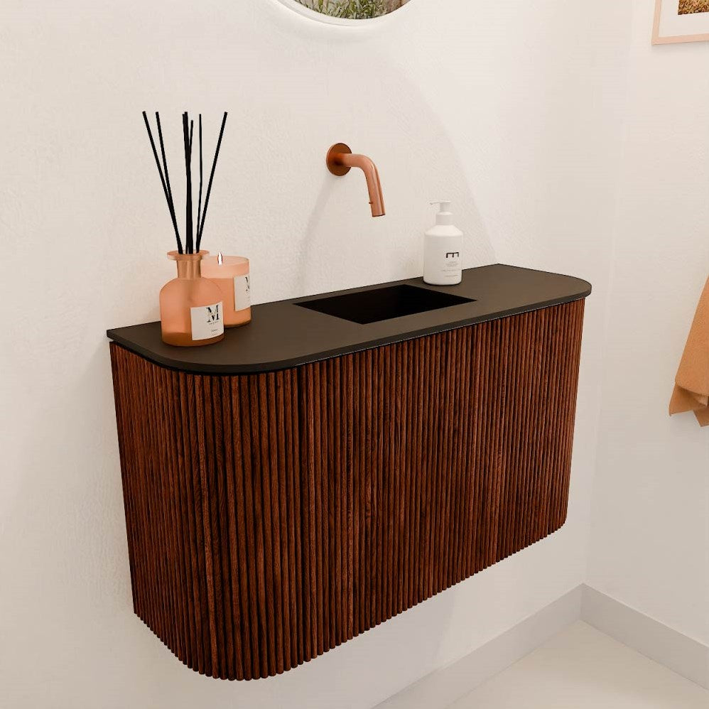 JOYA 73,2cm toiletmeubel ronding links + rechts kleur Ruby. Wastafel FAYE positie Midden Zonder kraangat kleur Urban.