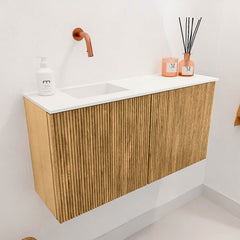 JOYA 80cm toiletmeubel kleur Oak. Wastafel FAYE positie Links Zonder kraangat kleur Talc.