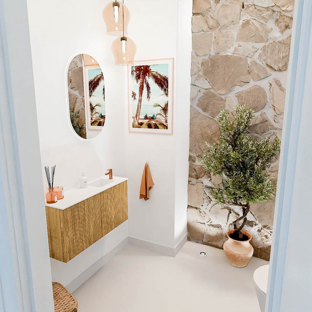 JOYA 80cm toiletmeubel kleur Oak. Wastafel FAYE positie Rechts 1 kraangat kleur Talc.