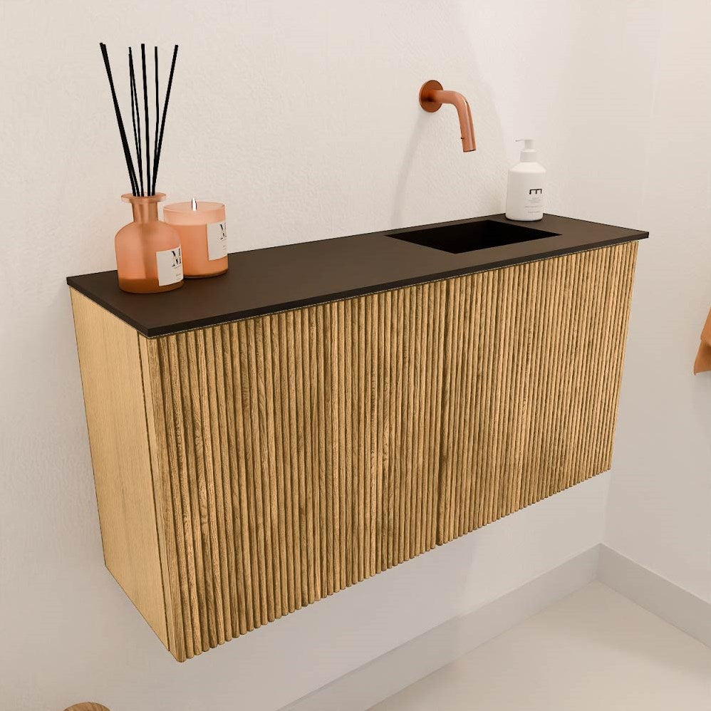 JOYA 80cm toiletmeubel kleur Oak. Wastafel FAYE positie Rechts Zonder kraangat kleur Urban.