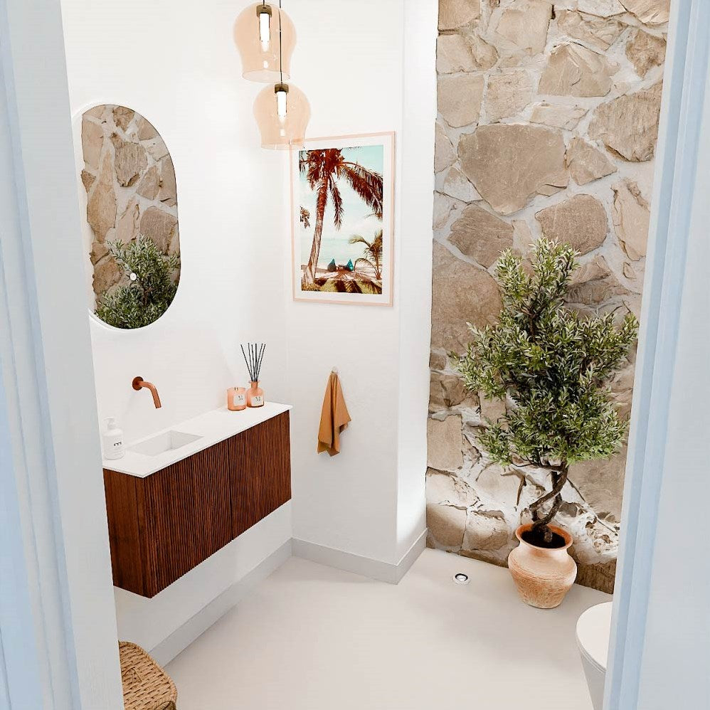 JOYA 80cm toiletmeubel kleur Walnut. Wastafel FAYE positie Rechts Zonder kraangat kleur Urban.
