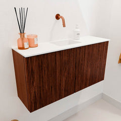 JOYA 80cm toiletmeubel kleur Ruby. Wastafel FAYE positie Midden Zonder kraangat kleur Talc.