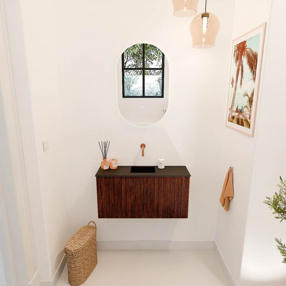 JOYA 80cm toiletmeubel kleur Ruby. Wastafel FAYE positie Midden Zonder kraangat kleur Urban.