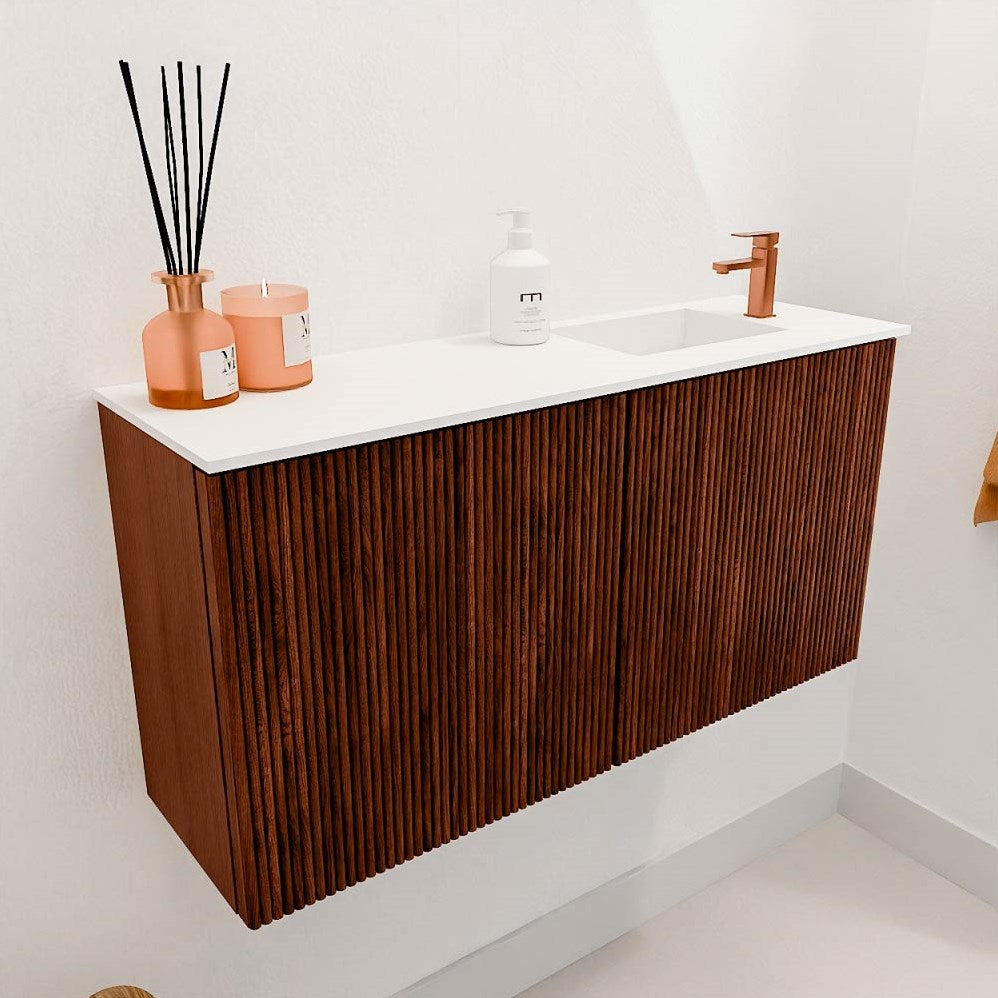 JOYA 80cm toiletmeubel kleur Ruby. Wastafel FAYE positie Rechts 1 kraangat kleur Talc.