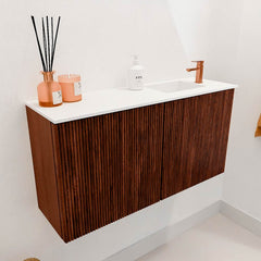 JOYA 80cm toiletmeubel kleur Ruby. Wastafel FAYE positie Rechts 1 kraangat kleur Talc.