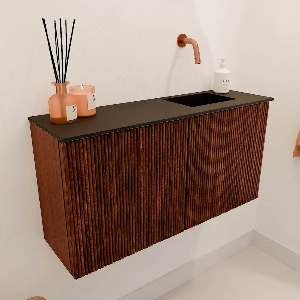 JOYA 80cm toiletmeubel kleur Ruby. Wastafel FAYE positie Rechts Zonder kraangat kleur Urban.