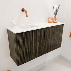 JOYA 80cm toiletmeubel kleur Shadow. Wastafel FAYE positie Links Zonder kraangat kleur Talc.