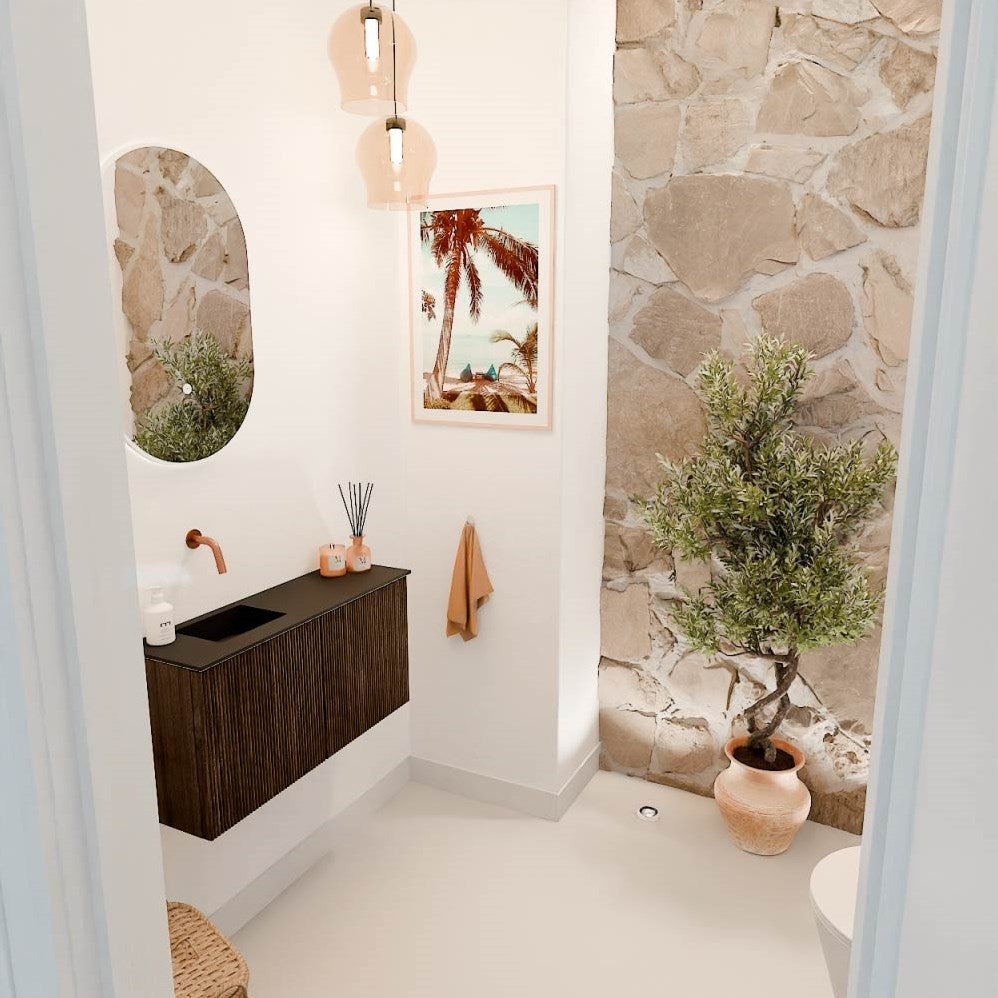 JOYA 80cm toiletmeubel kleur Walnut. Wastafel FAYE positie Links Zonder kraangat kleur Urban.