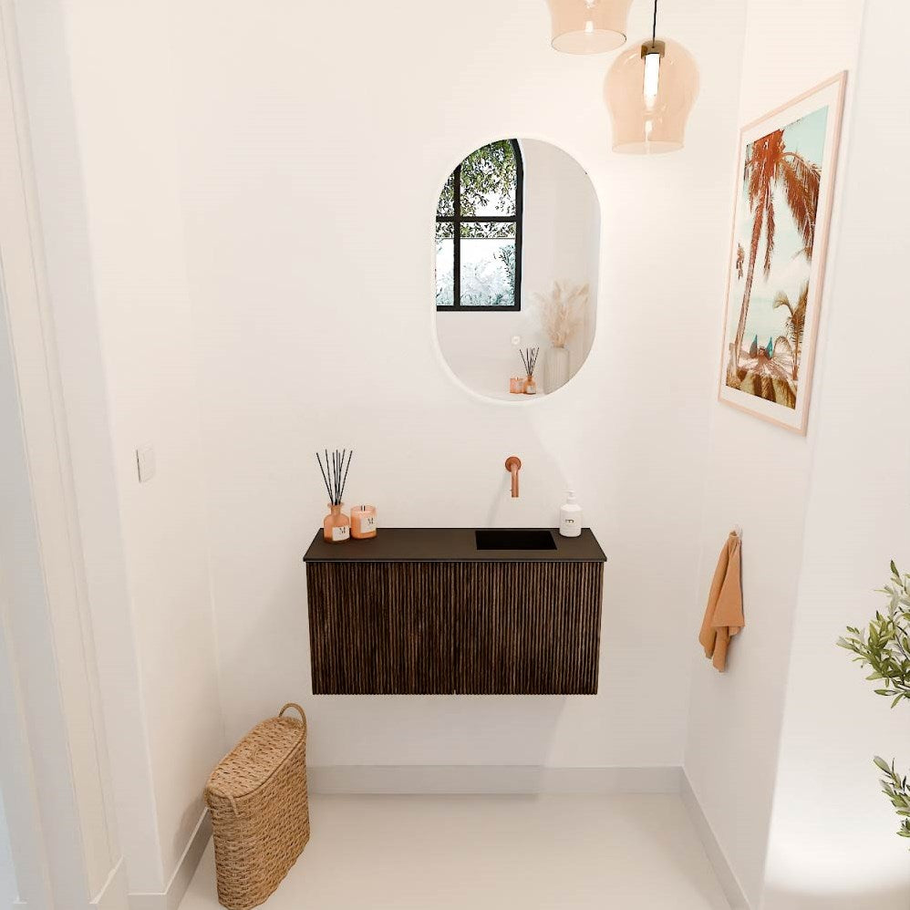 JOYA 80cm toiletmeubel kleur Walnut. Wastafel FAYE positie Rechts Zonder kraangat kleur Urban.